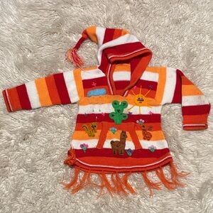 Colorful Striped Knit Hoodie with Animal Embroidery